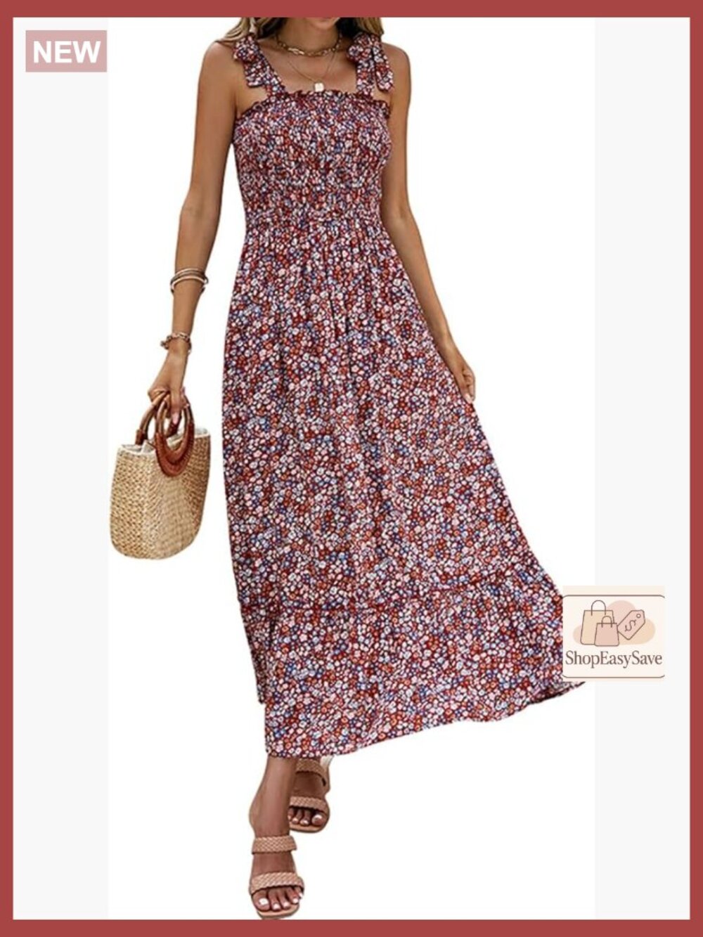 Boho Maxi Dress Flowy Ruffle Square Neck Spaghetti Strap Summer Beach